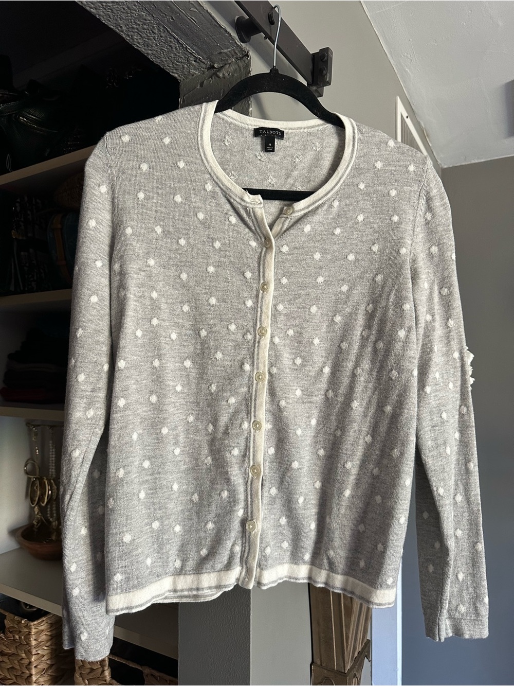Talbots Light Gray Dot Cardigan with White Trim